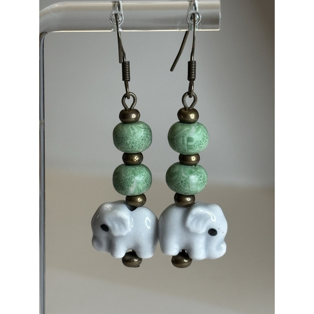Vintage Elephant Dangle Earrings Green Stone Ceramic Beads Bronze Tone Boho